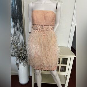 Sue Wong Strapless Peach Feathered Dress